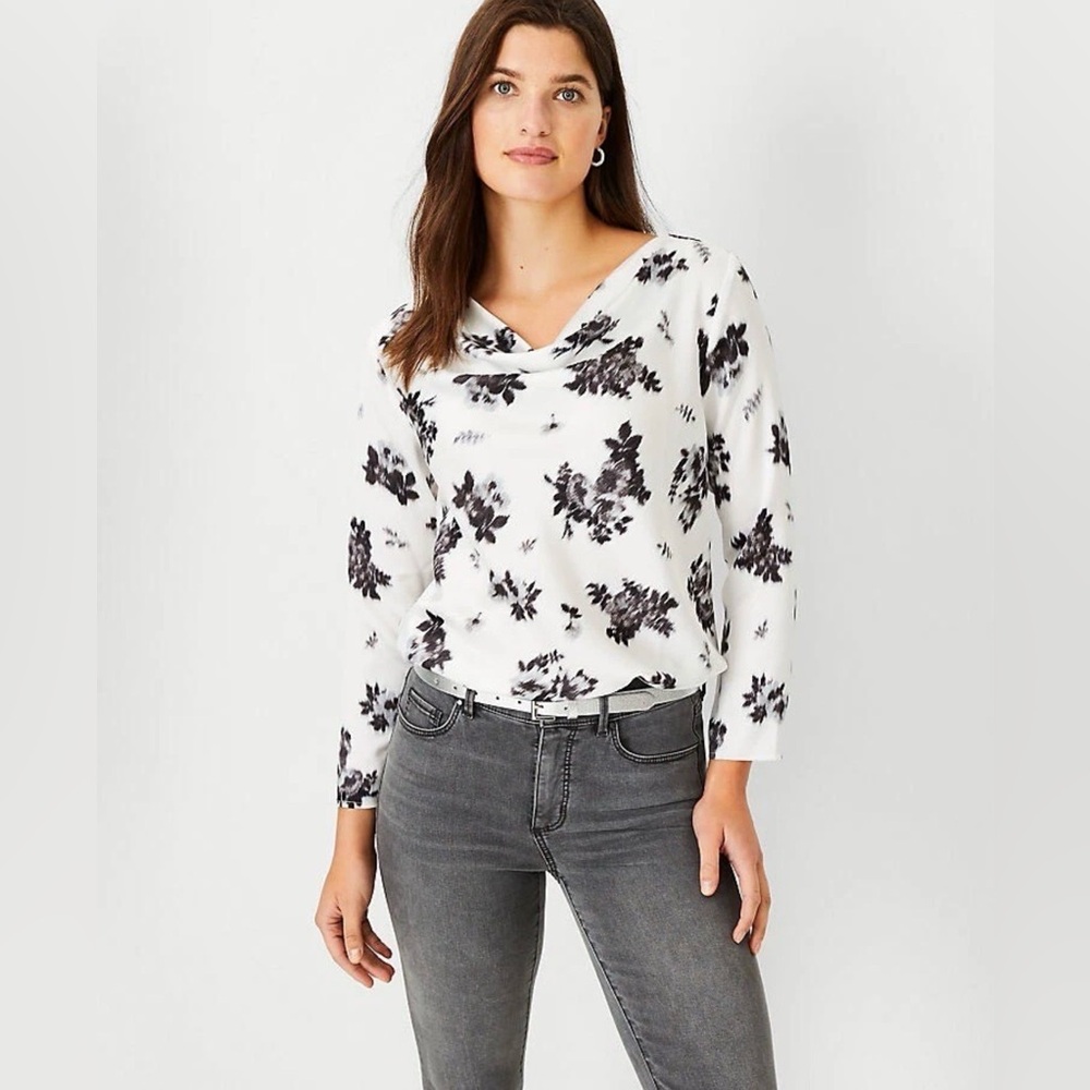 Ann Taylor Draped Neck Floral Long Sleeve Top